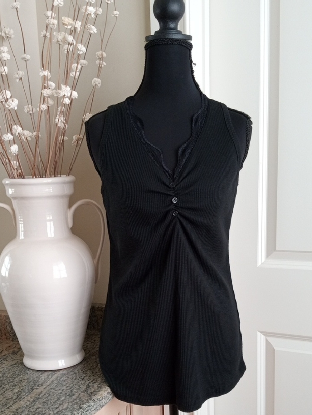 Black Ribbed V-Neck Tank with Button Front Detail